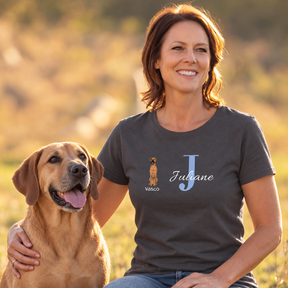 Camiseta gris con inicial "J" y motivo de perro, personalizada con el nombre Juliane y el de la mascota, Vasco.