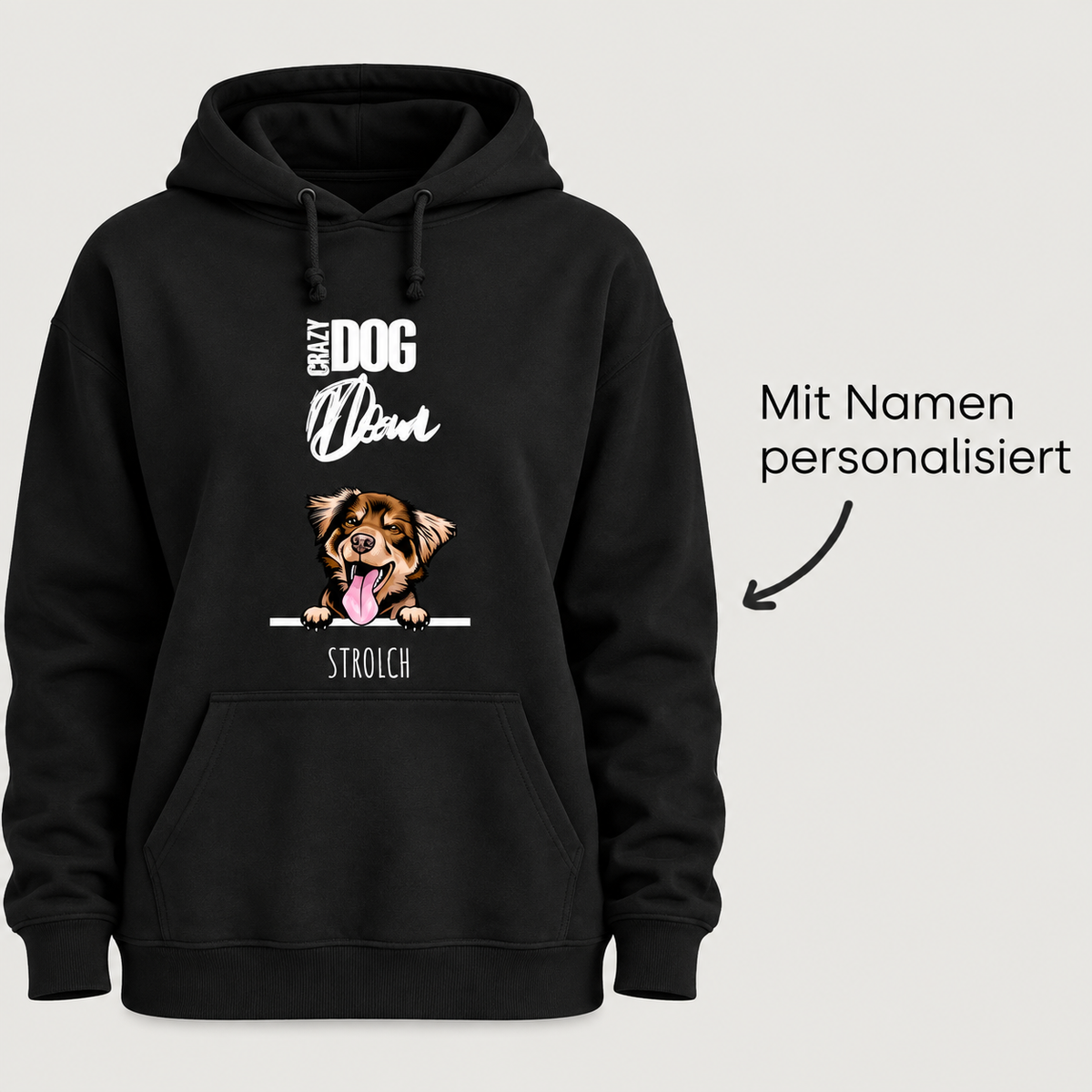 Sudadera con capucha negra con motivo de perro y nombre personalizable, ideal para padres de mascotas.