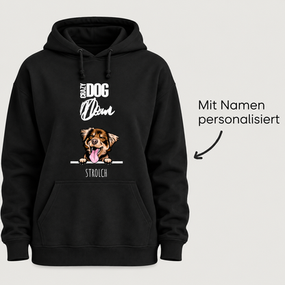 Sudadera con capucha negra con motivo de perro y nombre personalizable, ideal para padres de mascotas.
