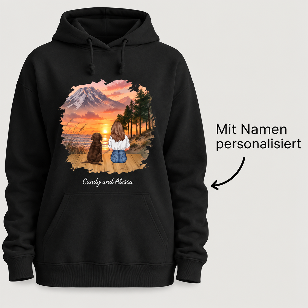 Sudadera con capucha negra con ilustración personalizada de una persona con un perro al atardecer.