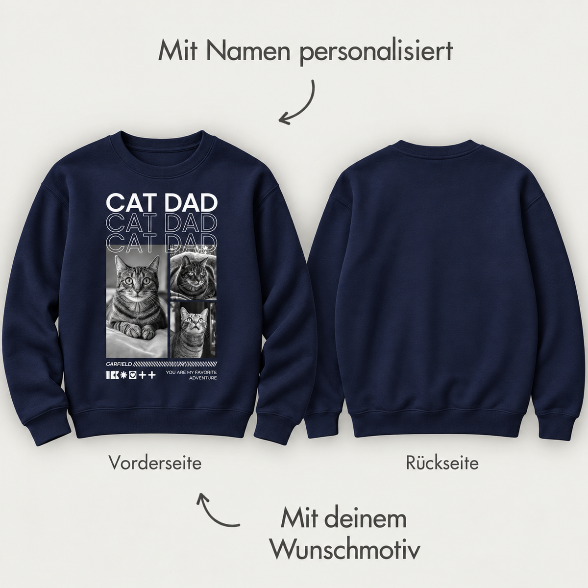 Sudadera azul oscuro con motivos de gatos delante, personalizable con nombre. Espalda lisa.