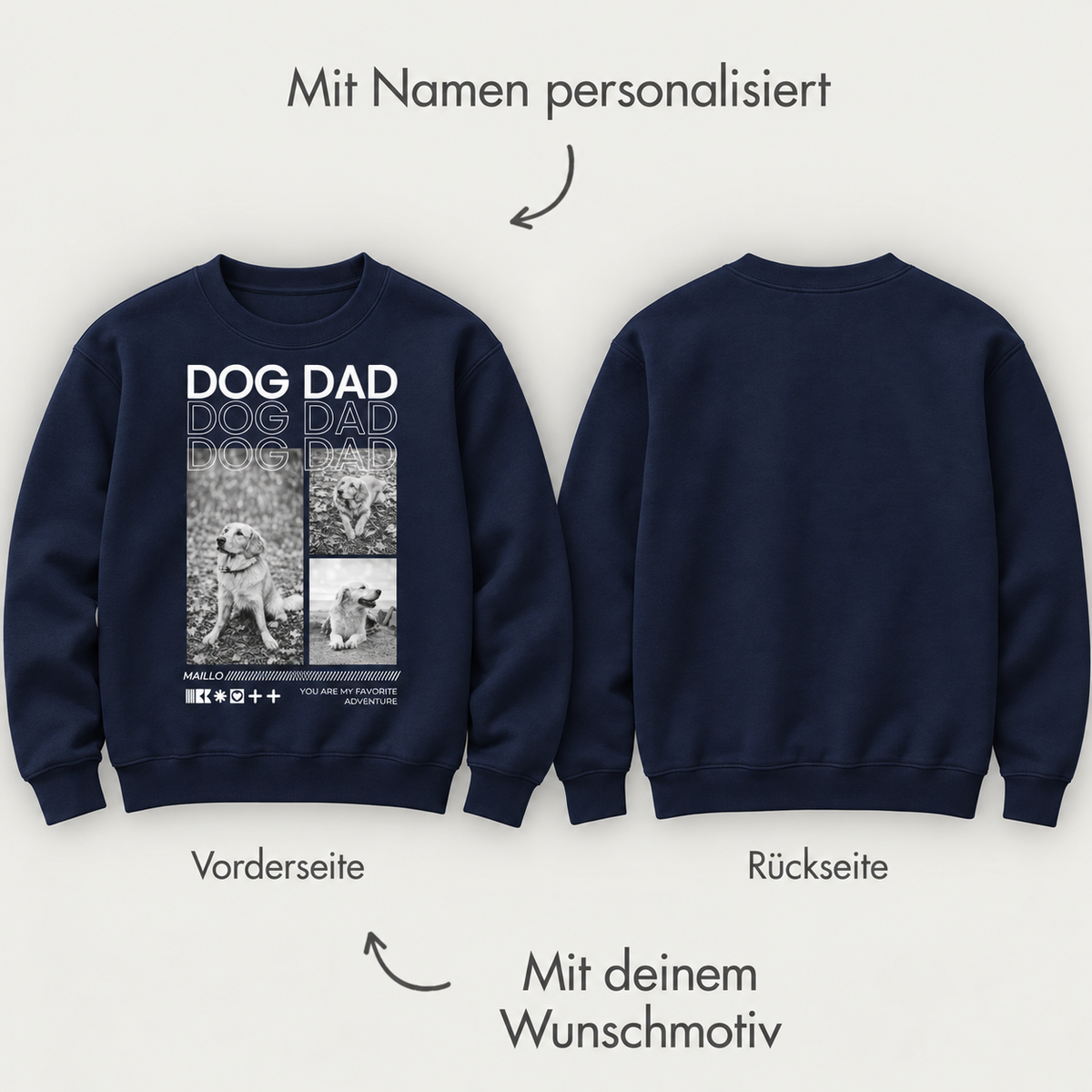 Sudadera azul marino con estampado "DOG DAD" y espacio para personalizar delante y detrás.