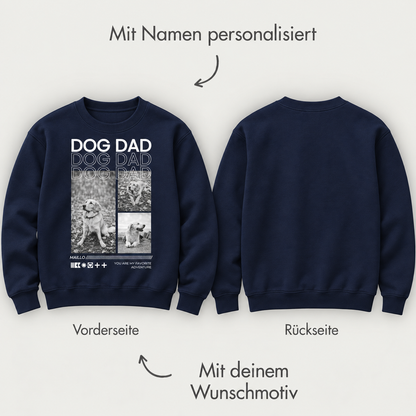Sudadera azul marino con estampado "DOG DAD" y espacio para personalizar delante y detrás.