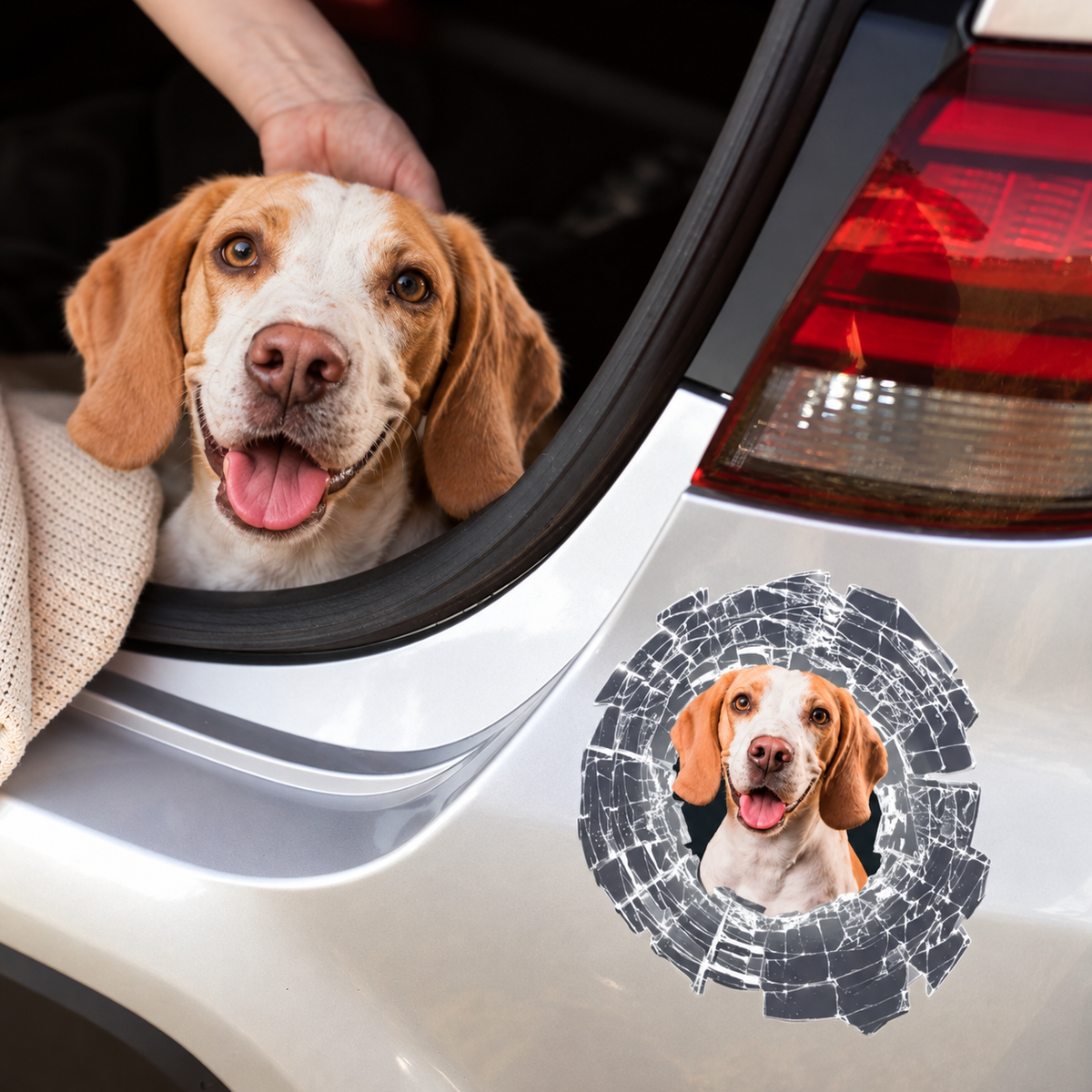 Pegatina de coche personalizada con motivo de perro en la ventanilla de un coche plateado. Muestra un perro contento.