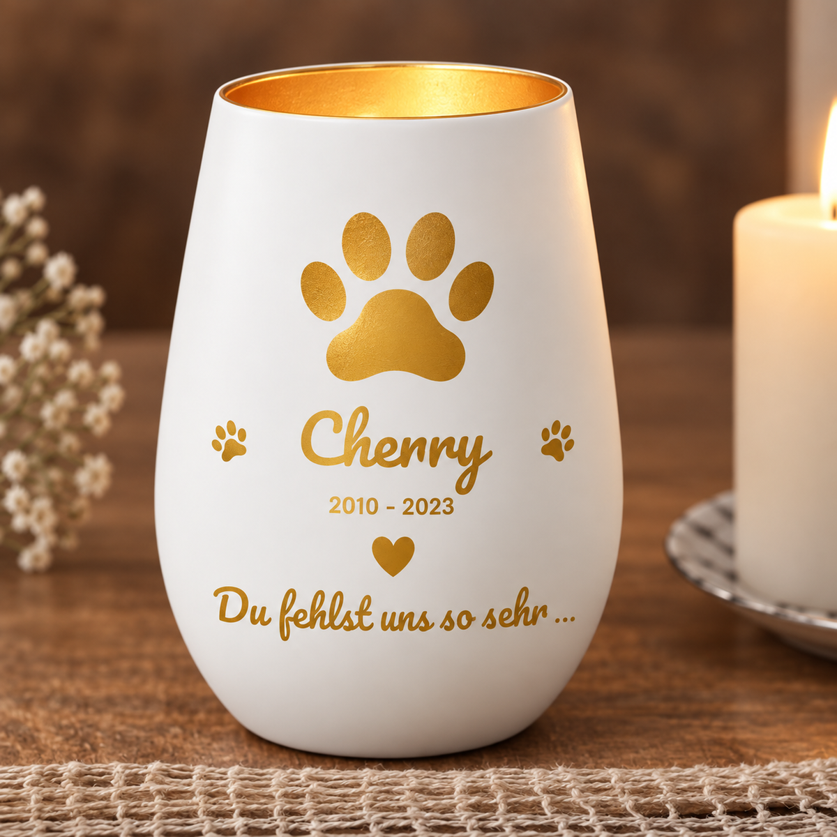 Luz conmemorativa blanca personalizada con letras doradas y huella, para un recuerdo personal.