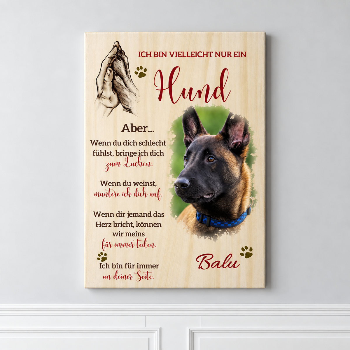 Lienzo personalizado con foto de perro, diseño de madera y un mensaje cariñoso sobre lealtad y apoyo.