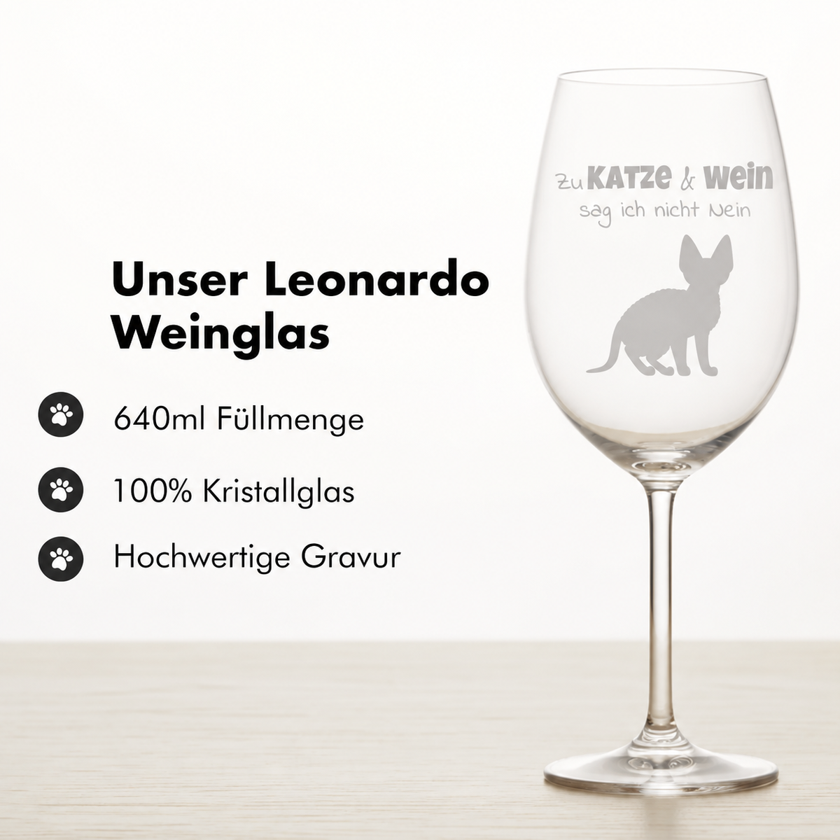 Copa de vino personalizada de cristal con diseño de gato grabado y texto, capacidad de 640 ml.