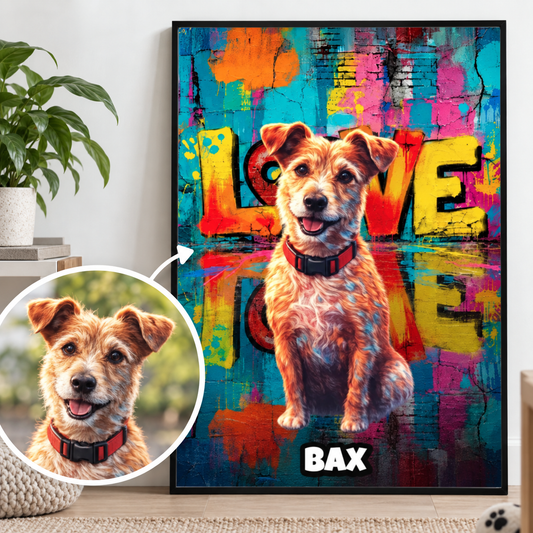 Póster personalizable con colorido fondo street art y foto de perro.