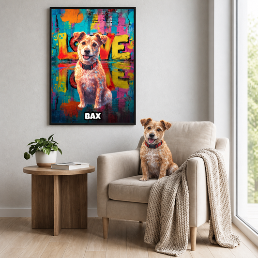 Póster personalizado estilo street art de un perro en colores vivos con el nombre "BAX". Perro sentado en un sillón beige.