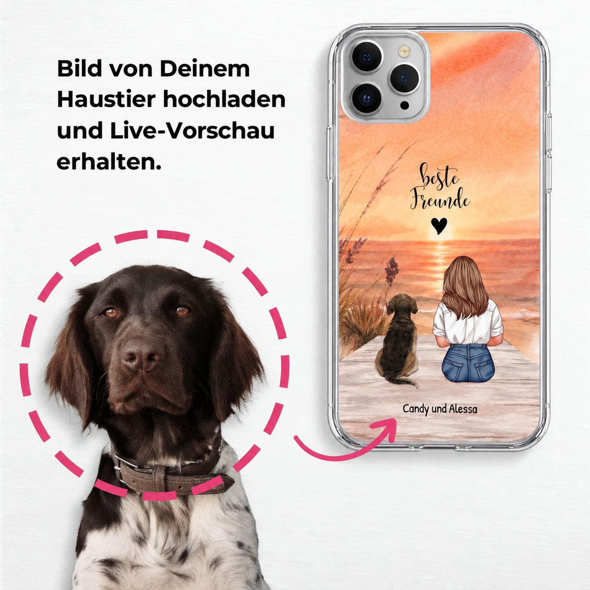 Funda de móvil transparente personalizada con una mujer y un perro en la playa.