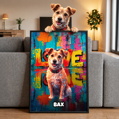Póster personalizado estilo street art de un perro, fondo colorido con la palabra "LOVE".
