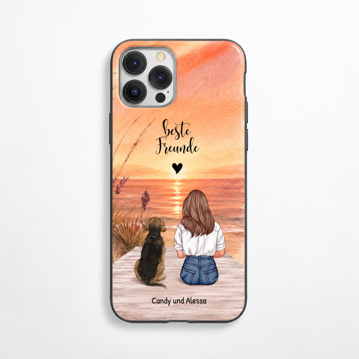 Funda de móvil personalizada con ilustración de una mujer y un perro al atardecer con el texto "beste Freunde".
