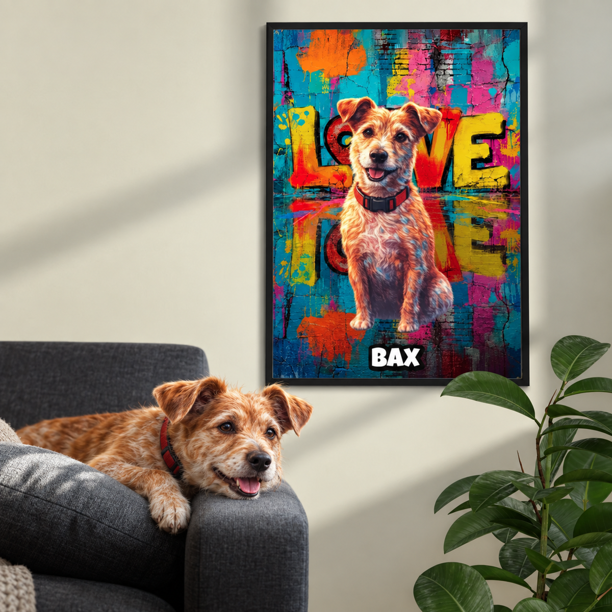 Pósters street art personalizados con foto de perro, fondo colorido y la palabra "LOVE".