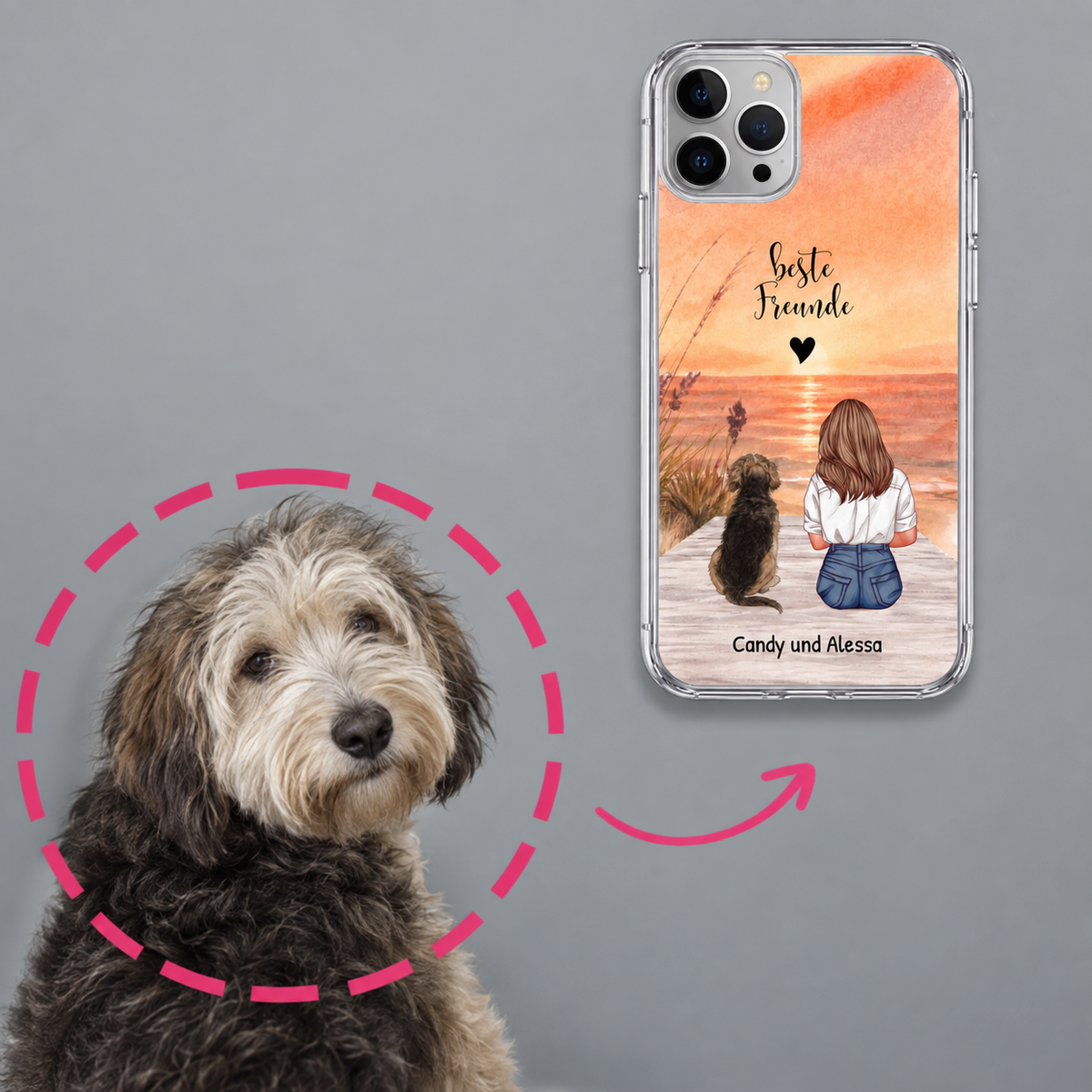 Funda de móvil personalizada con motivo de perro, plástico transparente con impresión colorida.