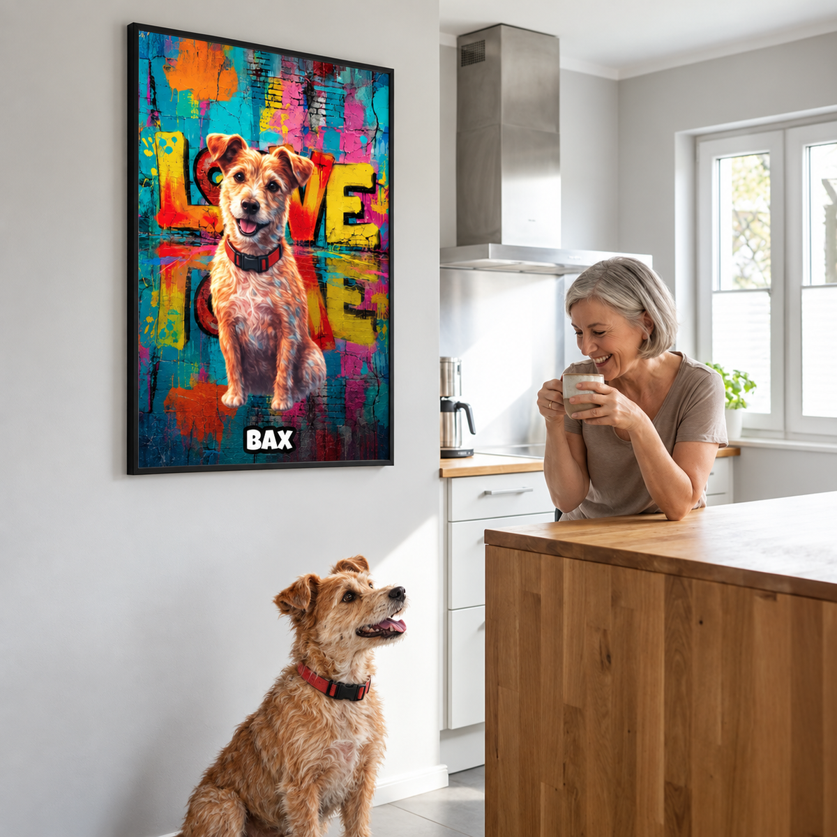 Póster street art personalizado con foto de perro y fondo colorido, colgado en la pared de una cocina moderna.