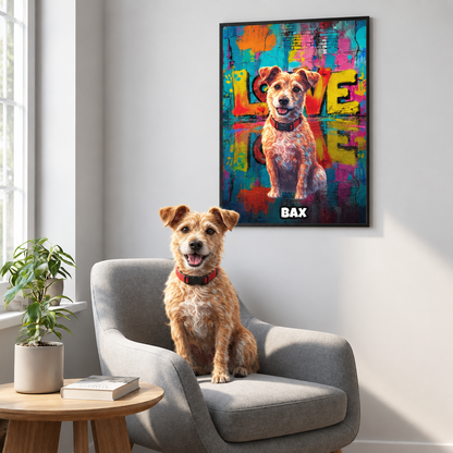 Póster personalizado estilo street art de un perro, fondo colorido, el nombre "BAX" abajo.