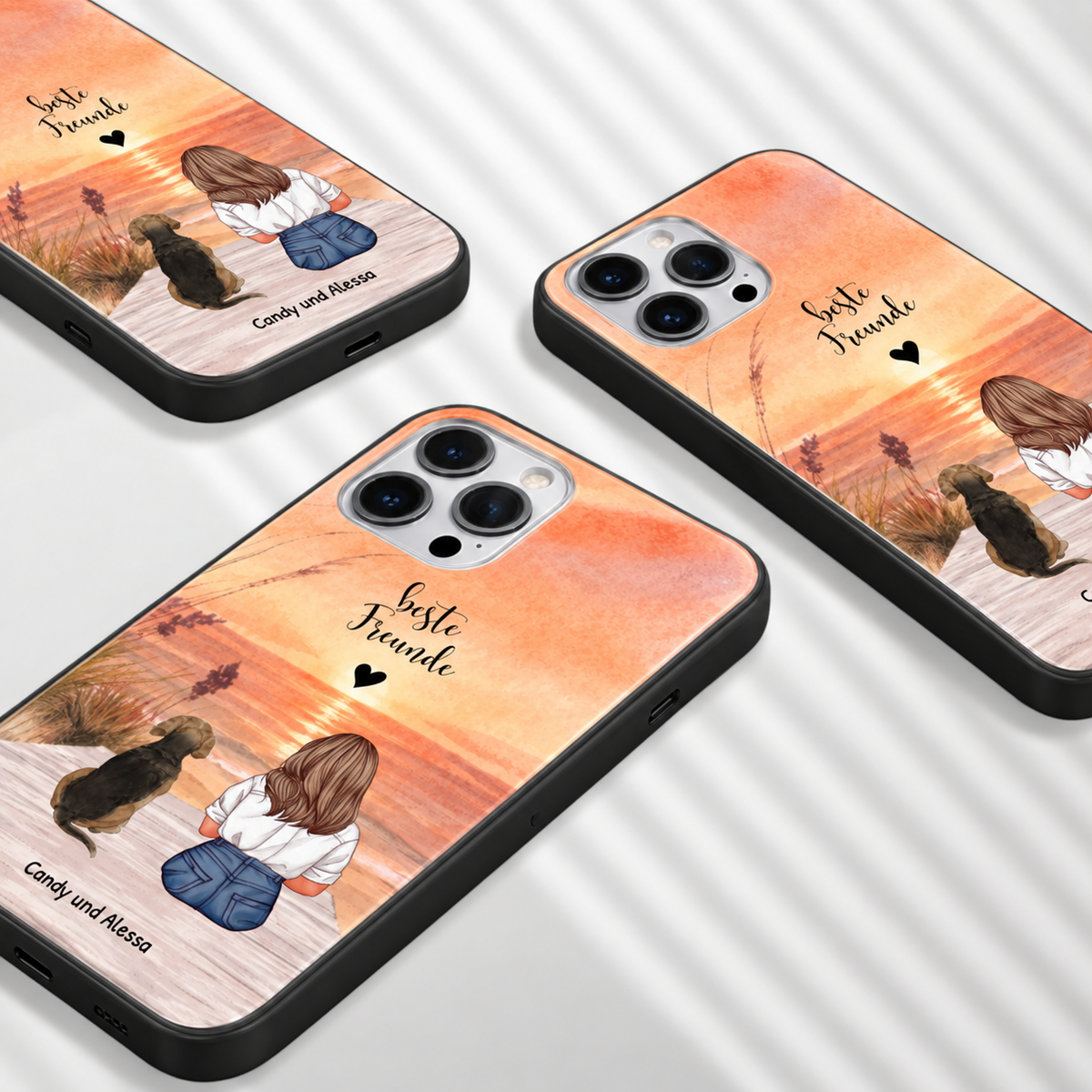 Fundas de móvil personalizadas con ilustración de una mujer y un perro al atardecer. Colores: naranja, marrón.