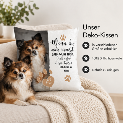 Cojín decorativo personalizado con foto de perro, texto y huellas, 100% algodón.