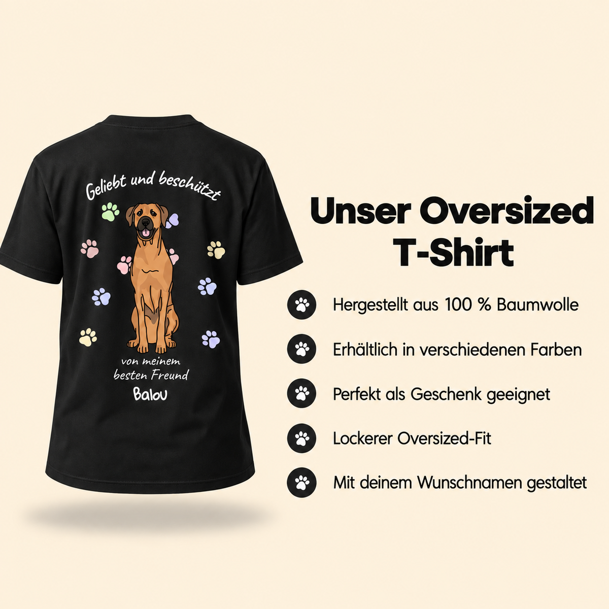 Camiseta negra 100% algodón con retrato de perro y el texto "Geliebt und beschützt".