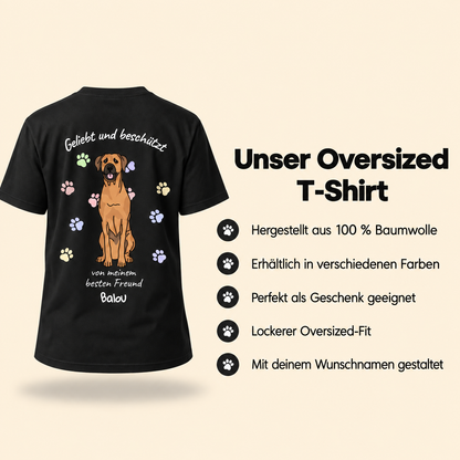 Camiseta negra 100% algodón con retrato de perro y el texto "Geliebt und beschützt".