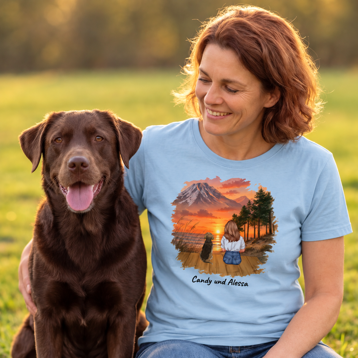 Camiseta azul con impresión gráfica de una mujer y su perro ante un paisaje de montaña.