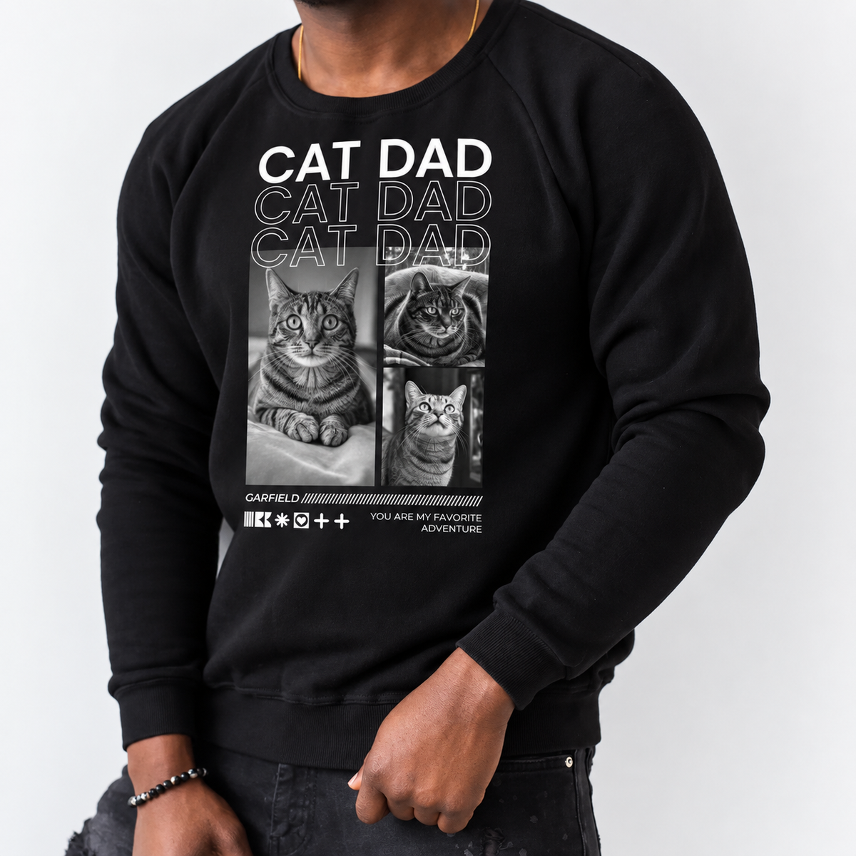 Sudadera negra con motivo de gato y el texto "Cat Dad", personalizada para amantes de los gatos.