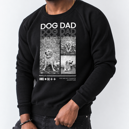Sudadera negra con el texto "DOG DAD" e ilustraciones de perros delante.