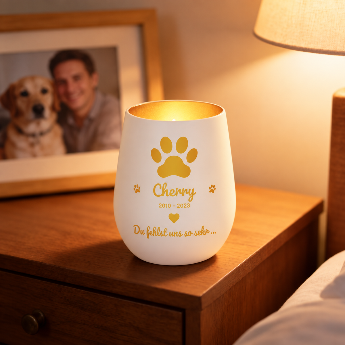 Vela conmemorativa blanca personalizada con huella dorada e inscripción sobre una mesa.