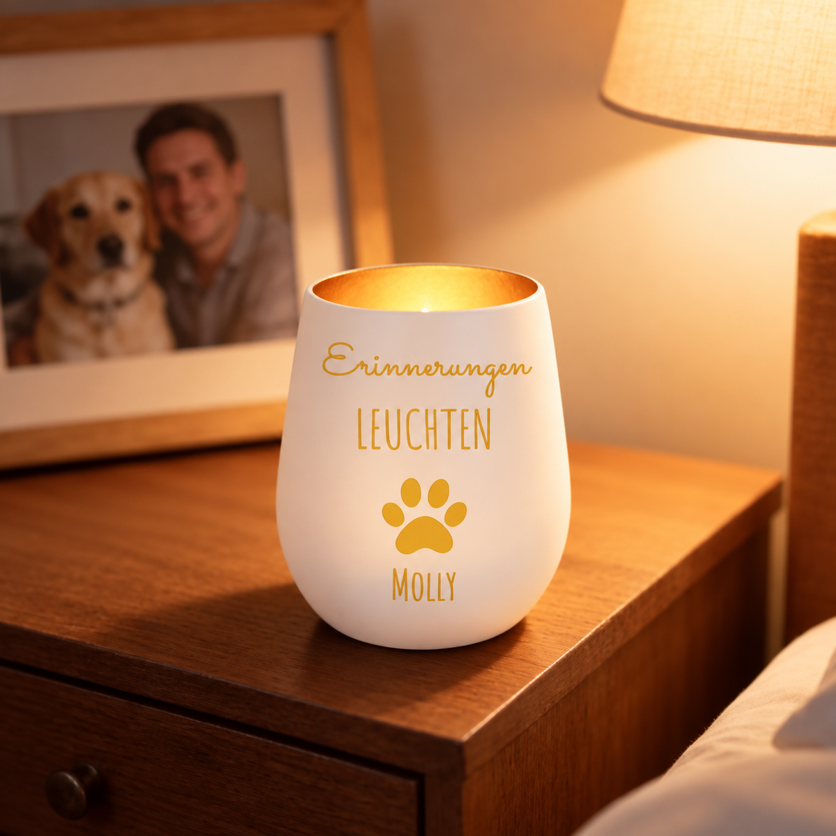 Luz conmemorativa blanca personalizada con letras doradas y huella, sobre una mesa de madera.