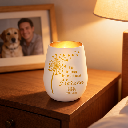 Luz conmemorativa de cerámica blanca personalizada con letras doradas y diseño de hojas, en una mesilla.