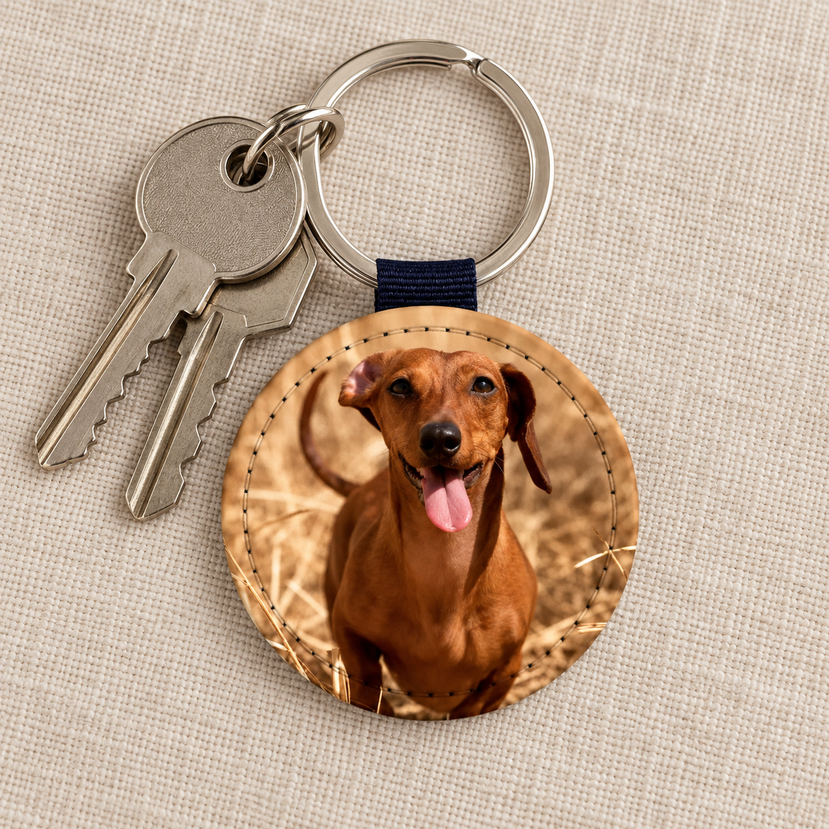 Llavero redondo con foto de perro personalizada, anilla metálica y cinta azul.