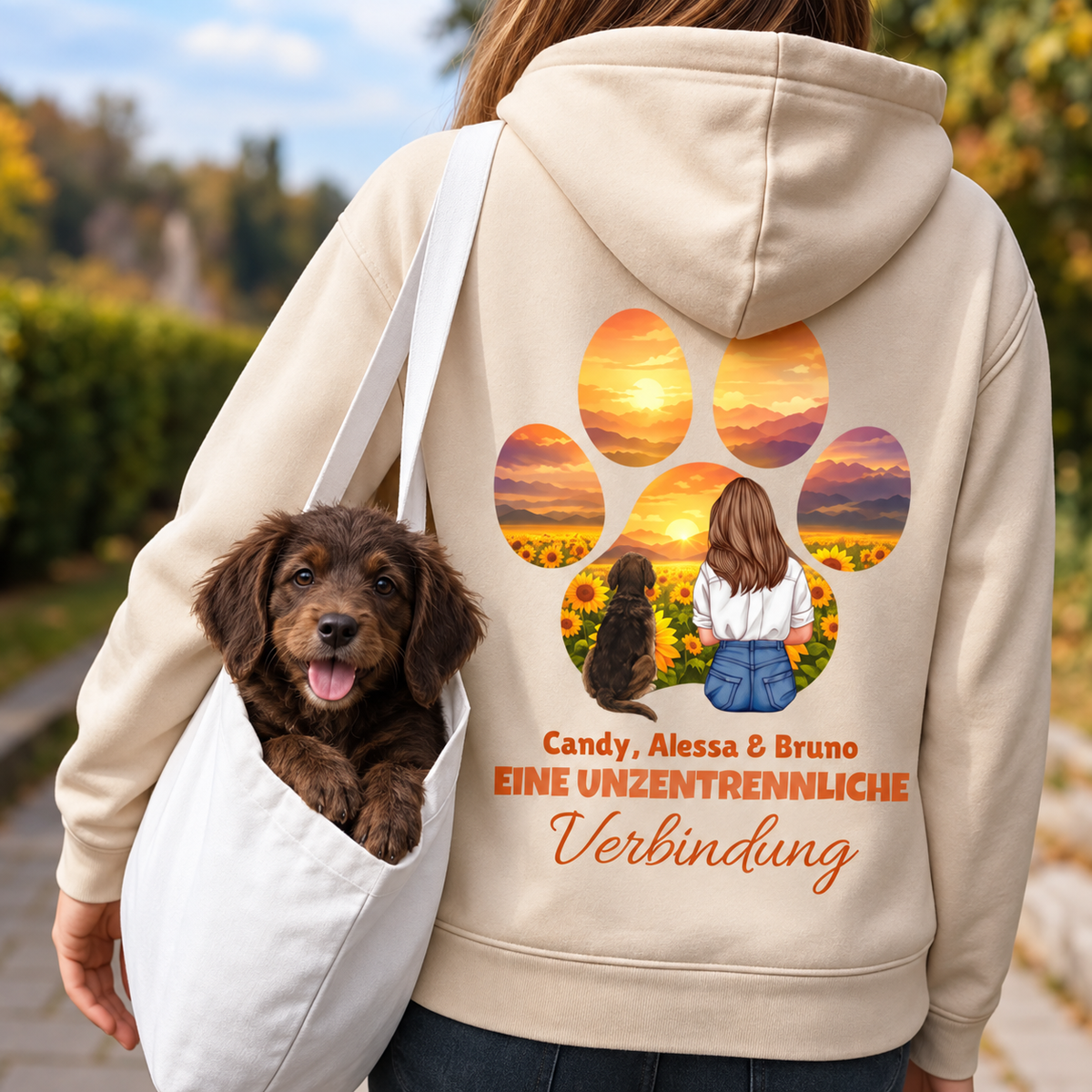 Sudadera con capucha beige con diseño de huella, una mujer con perros en un paisaje de girasoles. Personalizable.
