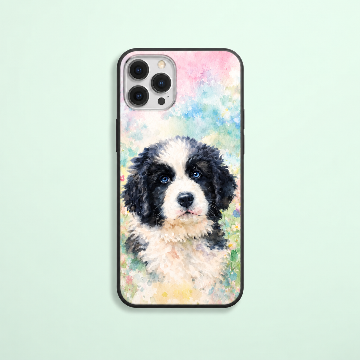 Funda de móvil personalizada con motivo de perro en acuarela sobre fondo claro.