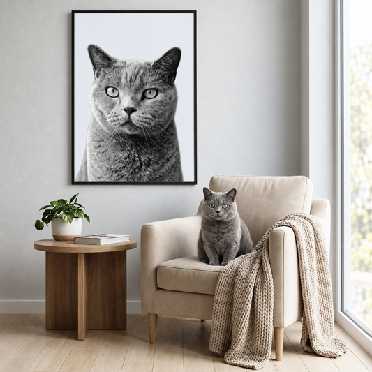 Retrato gris de mascota en marco negro en la pared sobre un sillón beige con un gato gris.