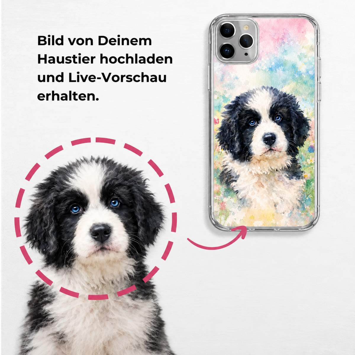 Funda de móvil personalizada con impresión en acuarela de un retrato de perro sobre fondo transparente.