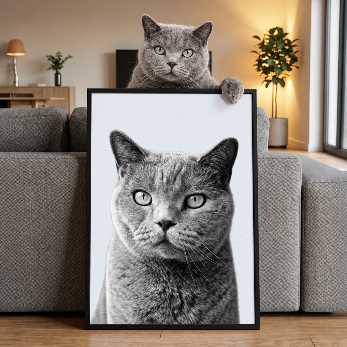 Retrato gris de mascota en marco negro, presentado por un gato parecido.
