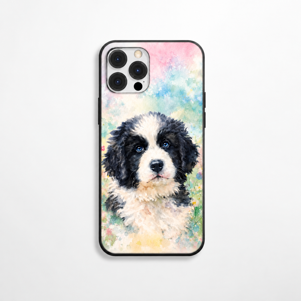 Funda de móvil con motivo de perro en acuarela, degradado en tonos pastel.