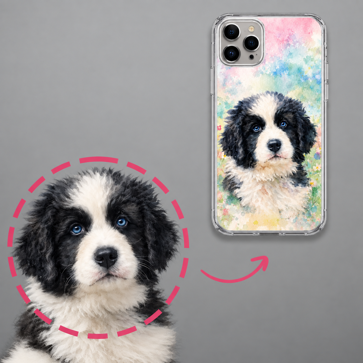 Funda de móvil personalizada con impresión en acuarela de un perro en rosa y verde.