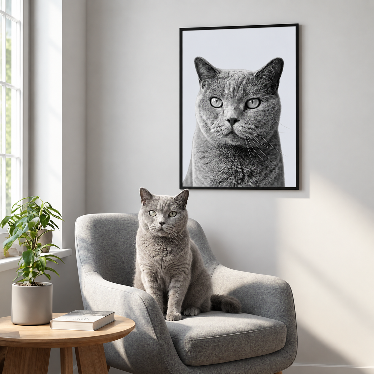 Gato gris sentado en un sillón delante de un póster enmarcado de retrato de gato en blanco y negro.