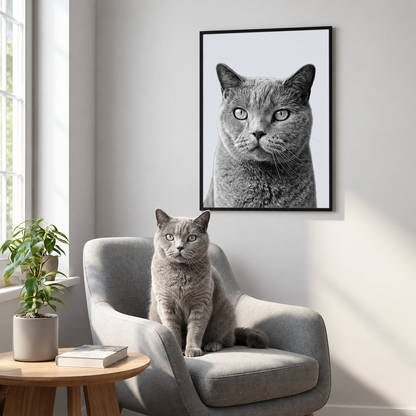 Gato gris sentado en un sillón delante de un póster enmarcado de retrato de gato en blanco y negro.