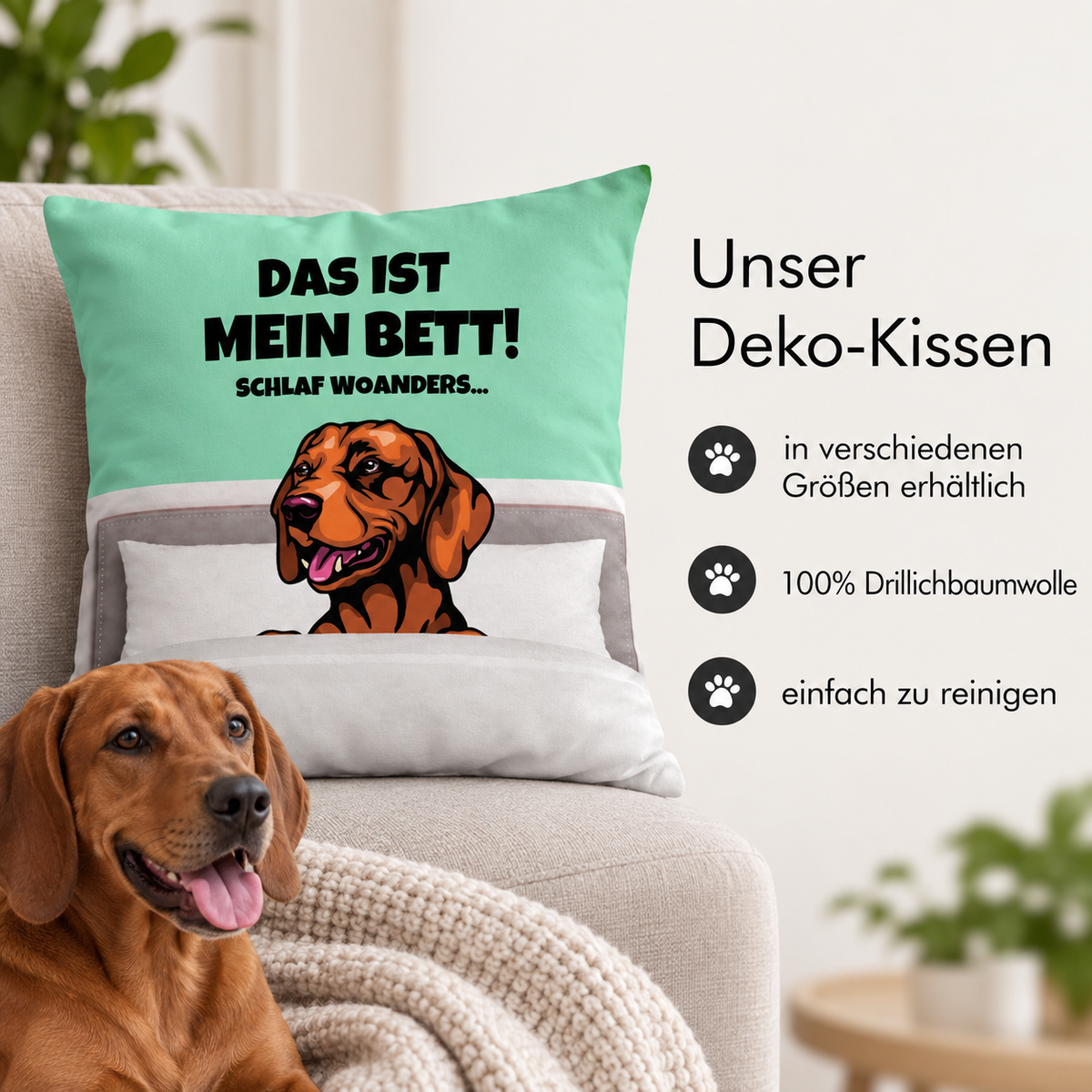 Cojín verde menta personalizable con motivo de perro y texto, 100% algodón dril.