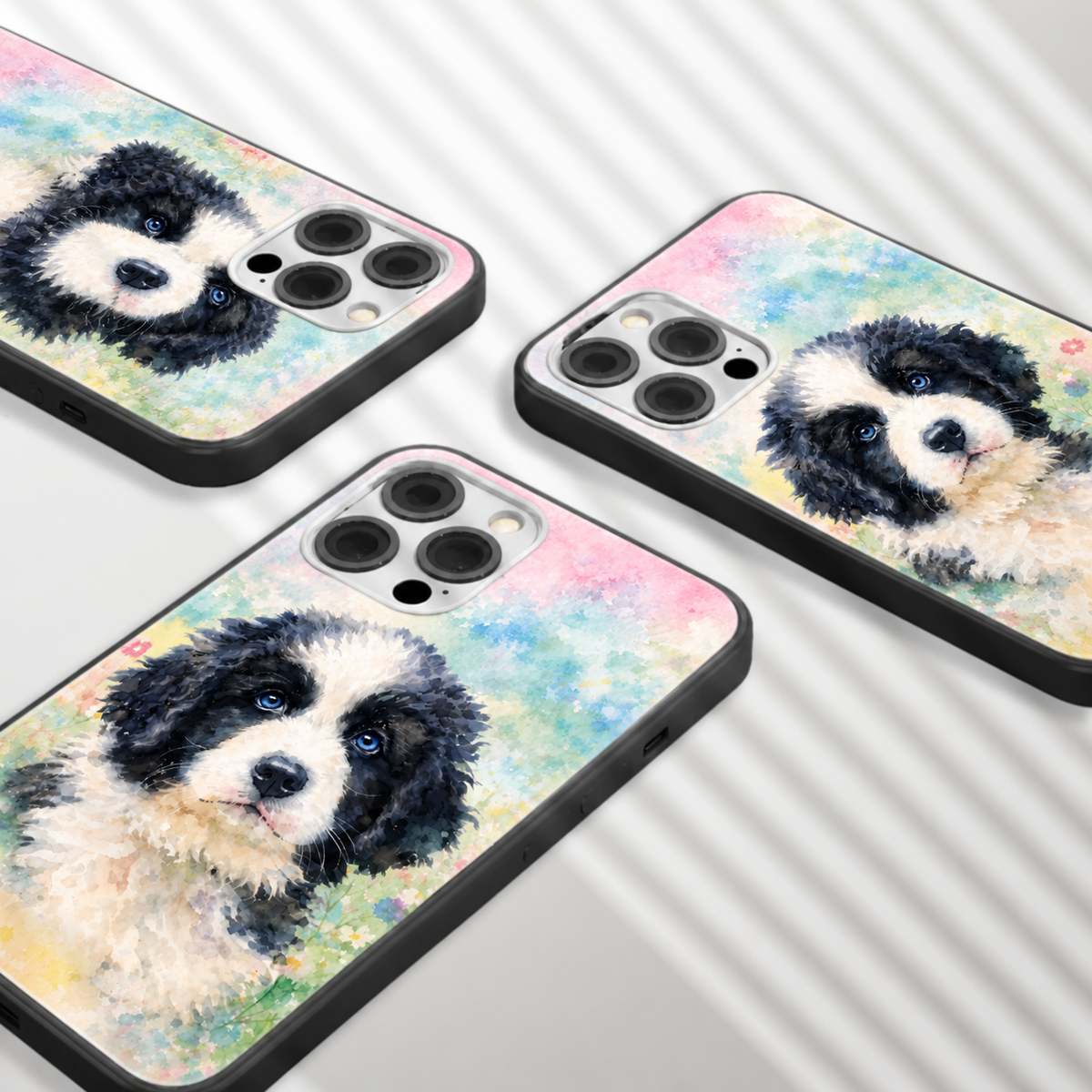 Tres fundas de móvil personalizadas con coloridos diseños de perros en acuarela.