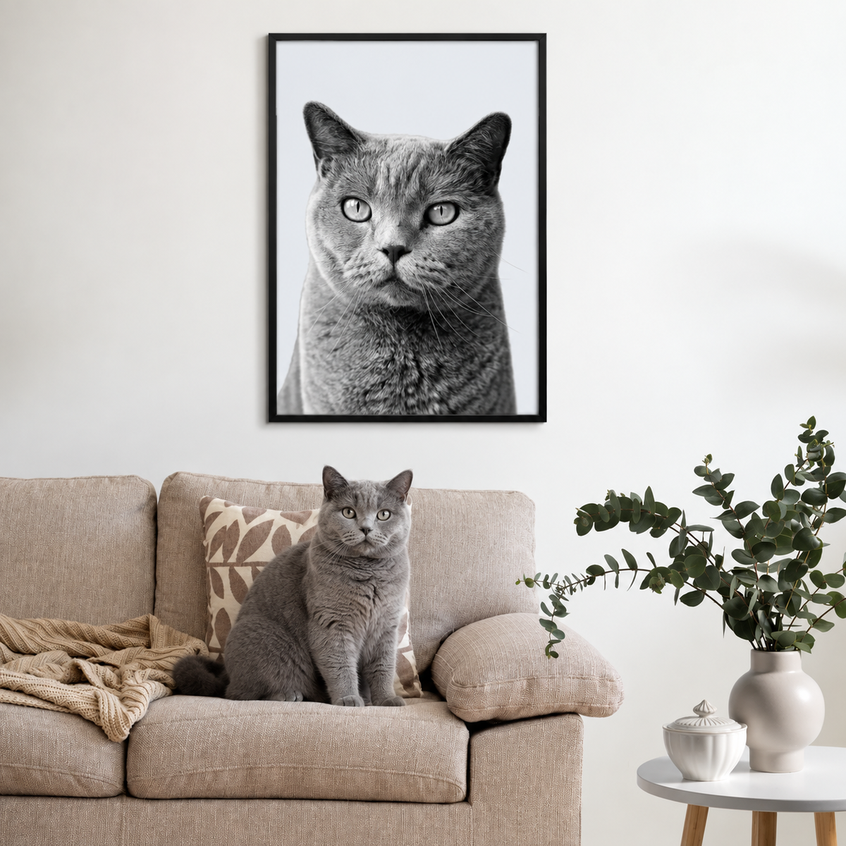 Retrato gris de mascota enmarcado sobre un sofá beige con un gato gris parecido delante.