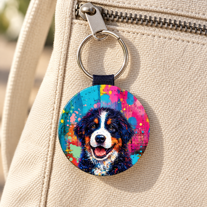 Llavero redondo con colorido diseño street art de un perro, colgado de un bolso.