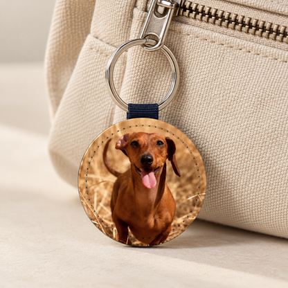 Llavero redondo con foto de perro personalizada, gris con cinta azul.