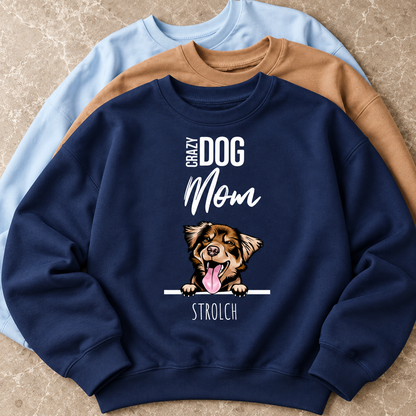 Tres sudaderas en azul, marrón y azul oscuro con motivo de perro y el texto "Crazy Dog Mom".
