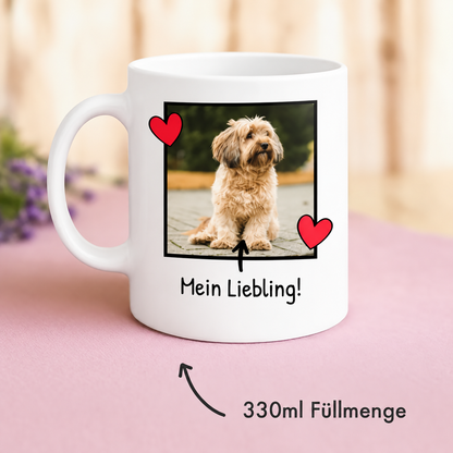 Taza blanca con foto de un perro y el texto "Mein Liebling!", capacidad 330 ml.