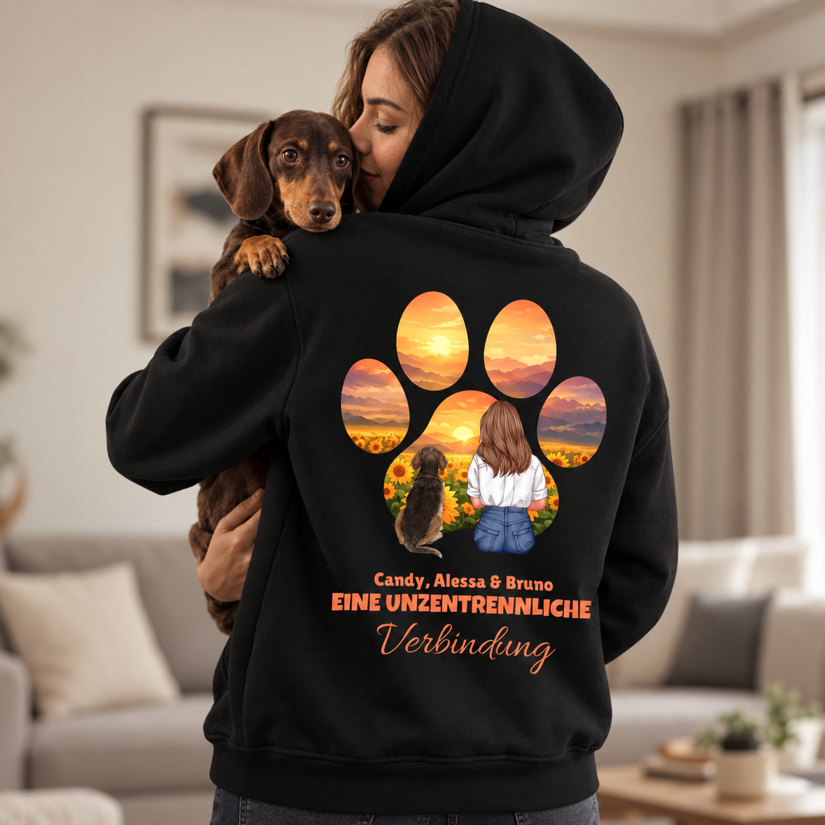 Sudadera con capucha negra con motivo de huella y atardecer, personalizable.