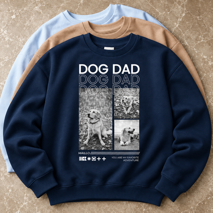 Tres sudaderas de distintos colores, una azul marino con gráfico Dog Dad y fotos de perros.