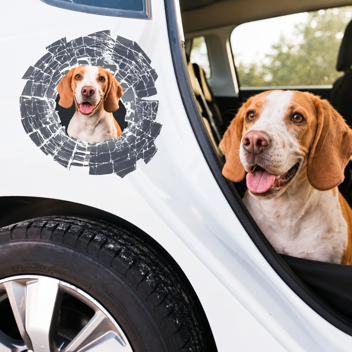 Pegatina de coche personalizada con la foto de un perro asomándose en un diseño de grieta sobre un coche blanco.